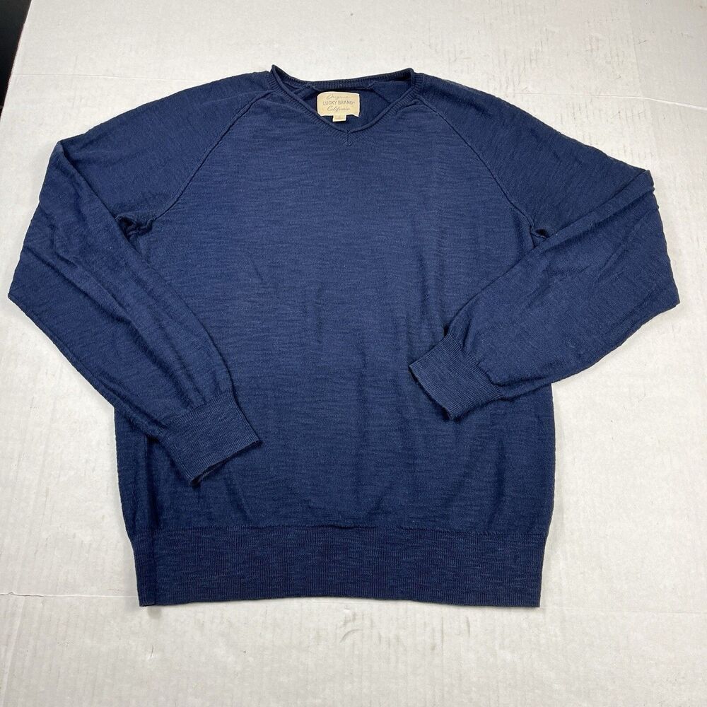 Lucky Brand Mens V-Neck Sweater Blue Long Sleeve Workwear Preppy Pullover S FLAW